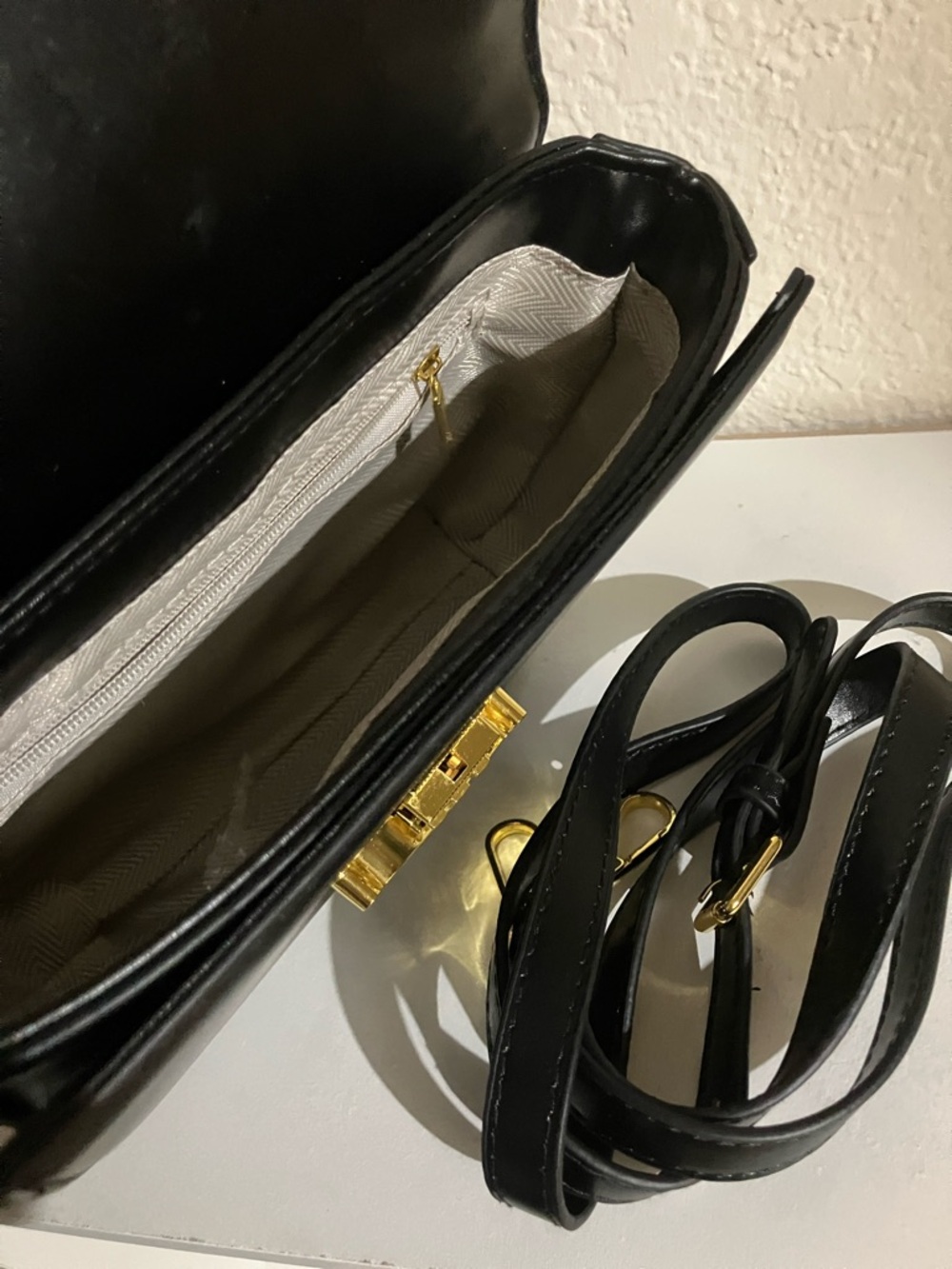 Black Leather Top-Handle Shoulder Bag with Gold Accent - Picture 4 of 6